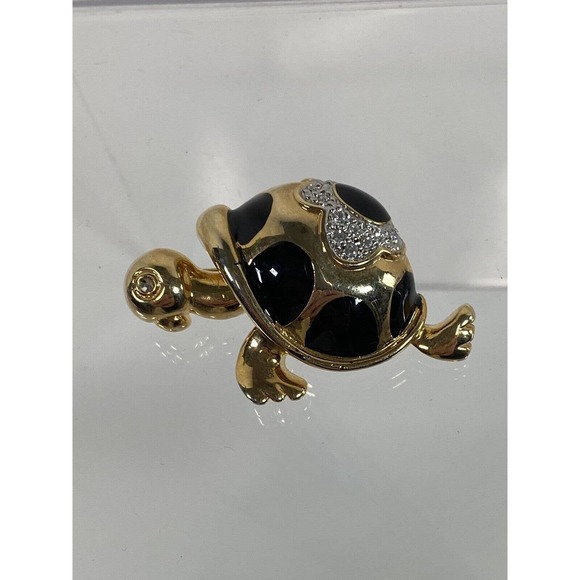 Vintage Turtle Brooch Rhinestone Black Enamel Gold-Tone Pin - Picture 1 of 4
